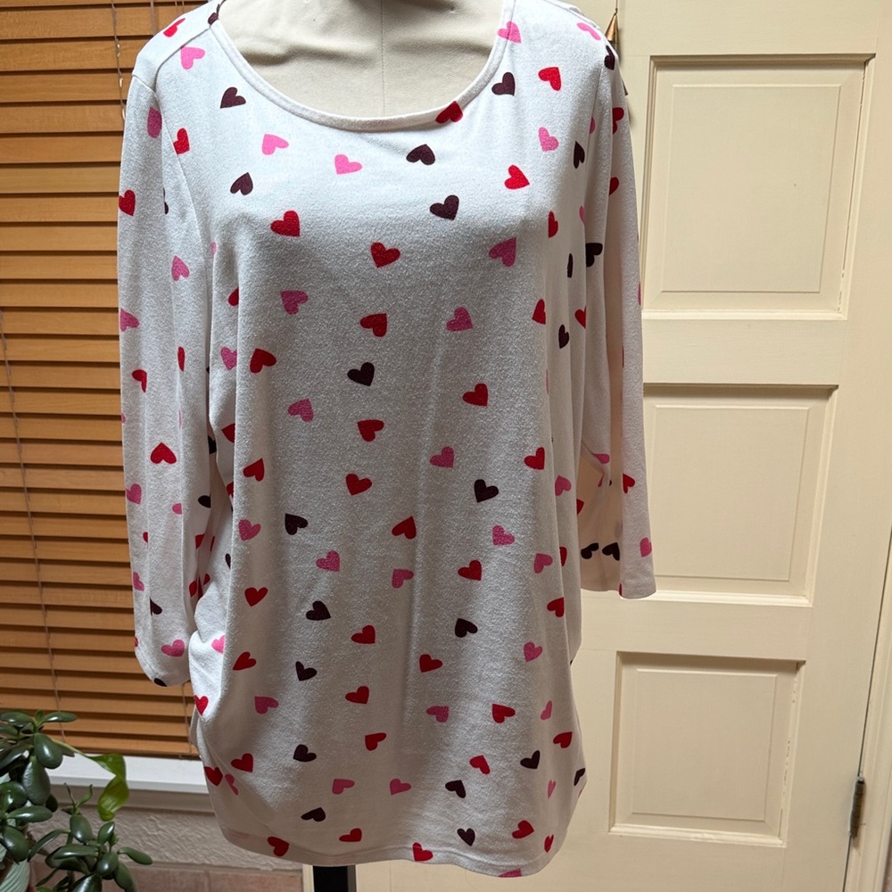Lane Bryant Heart Print Long Sleeve Top - White with Red, Pink, and Black